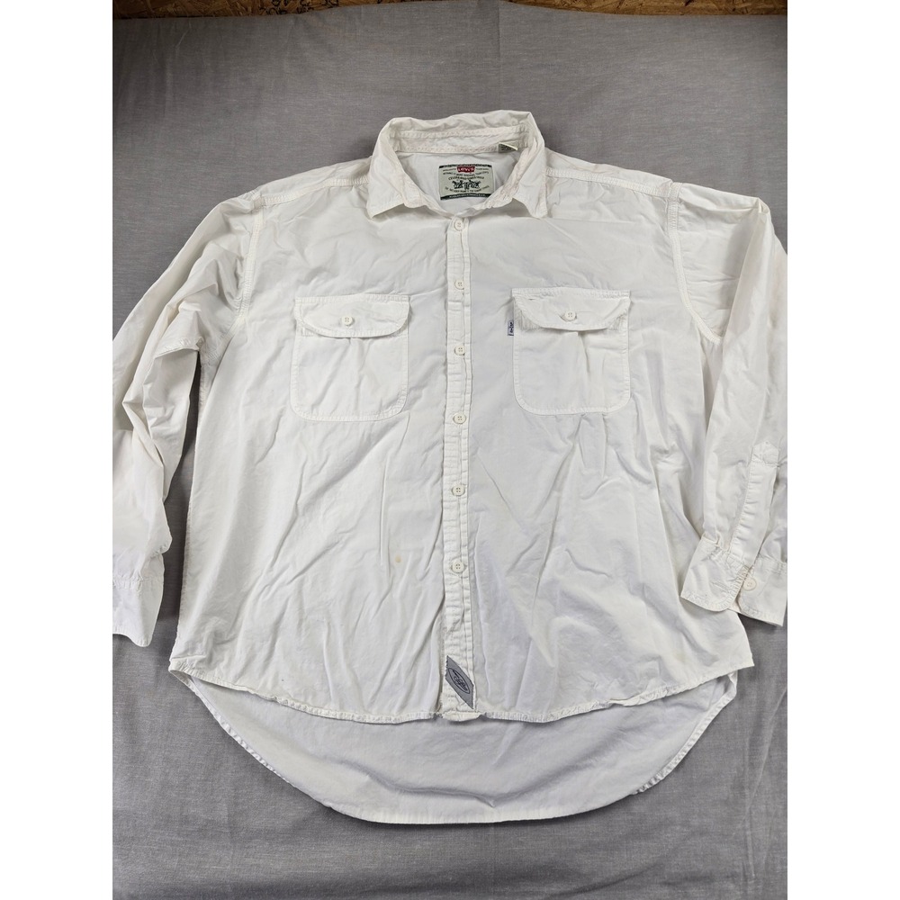 Vintage Levis Mens XL White Cotton Long Sleeve Button Down Utility Work Shirt